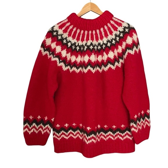 HAND KNIT Wool Fair Isle Nordic Chunky Knit Sweater Red Cream Black L - Picture 3 of 7
